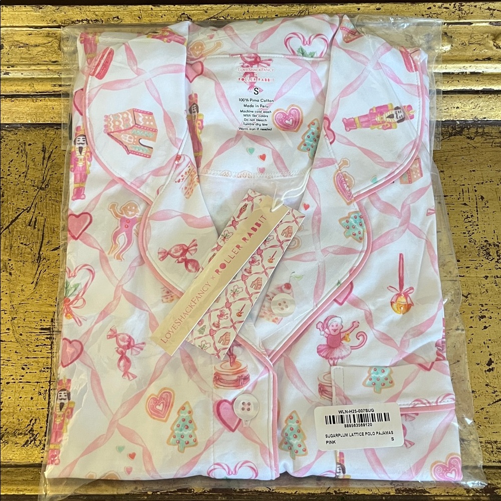 NWT Love Shack Fancy Roller Rabbit Sugarplum Lattice Polo Pajamas Small & XS - Picture 6 of 6
